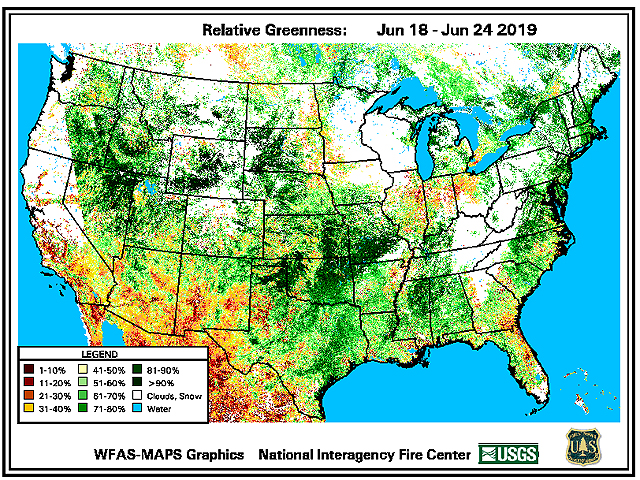 A look at relative greenness shows how the northern and eastern Midwest are far behind average going into what is usually "prime time" for crop development. (National Interagency Fire Center graphic)  